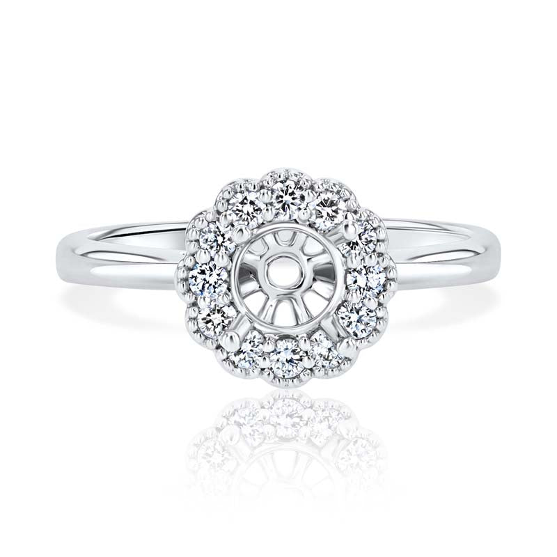 Scallop Style Diamond Beaded Halo 18K White Gold Engagement Ring Setting