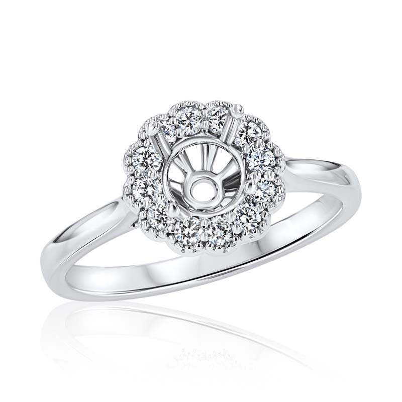 Scallop Style Diamond Beaded Halo 18K White Gold Engagement Ring Setting