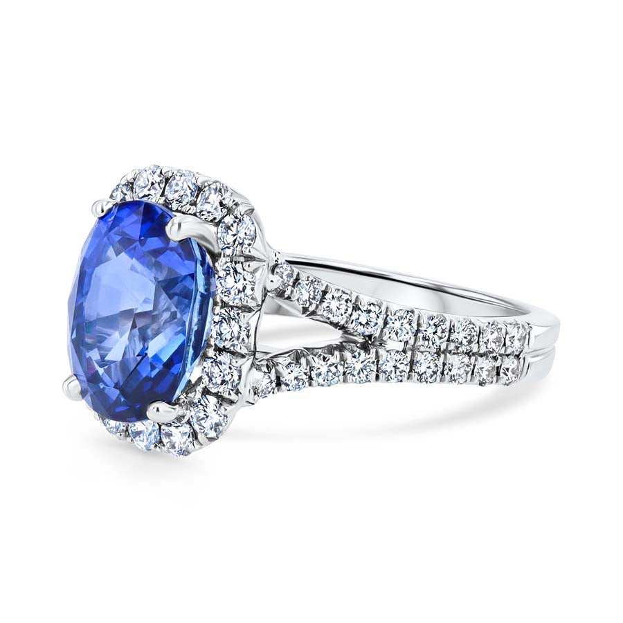 4.10 Carat Oval Sapphire & Diamond Halo Split-Shank 18K White Gold Ring