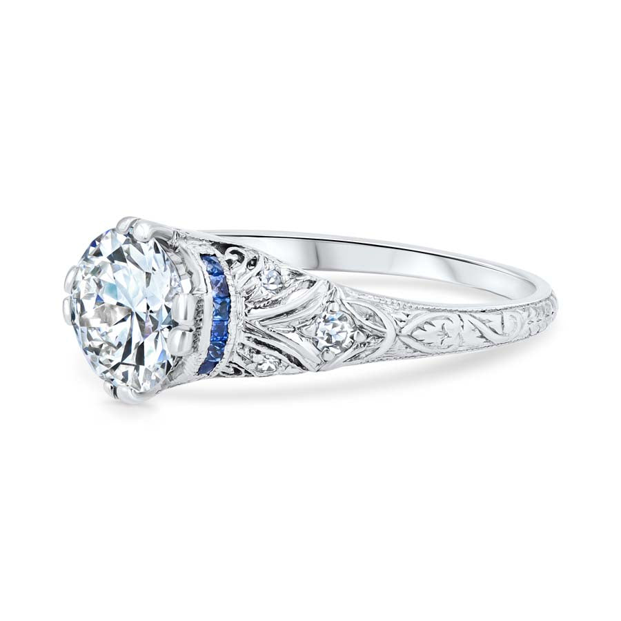 Art Deco 1.33 Carat Old European Cut Diamond Sapphire Platinum Foliate Engagement Ring