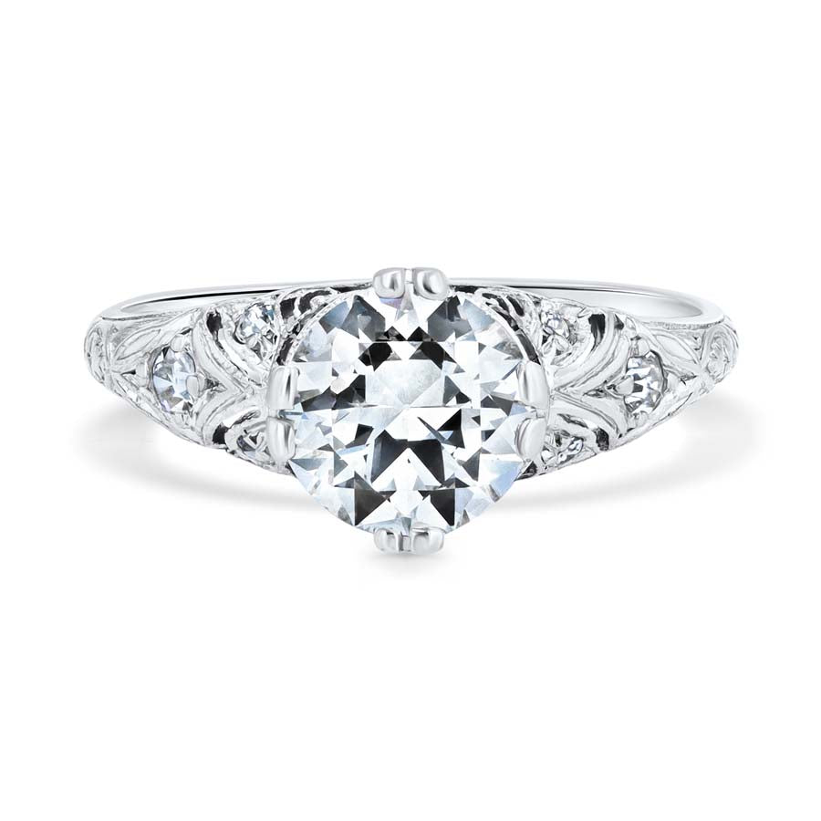 Art Deco 1.33 Carat Old European Cut Diamond Sapphire Platinum Foliate Engagement Ring