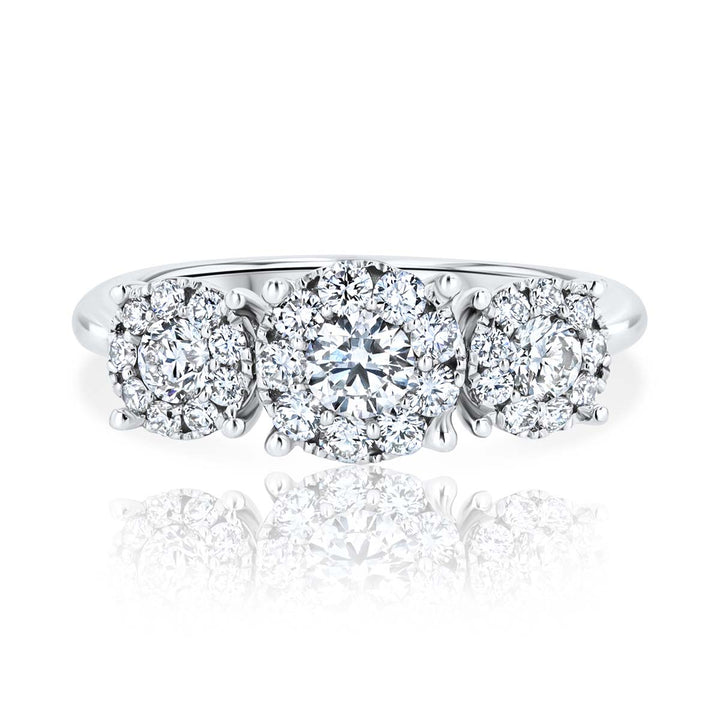 Three-Stone Cluster 0.90 Carat Diamond 18K White Gold Ring