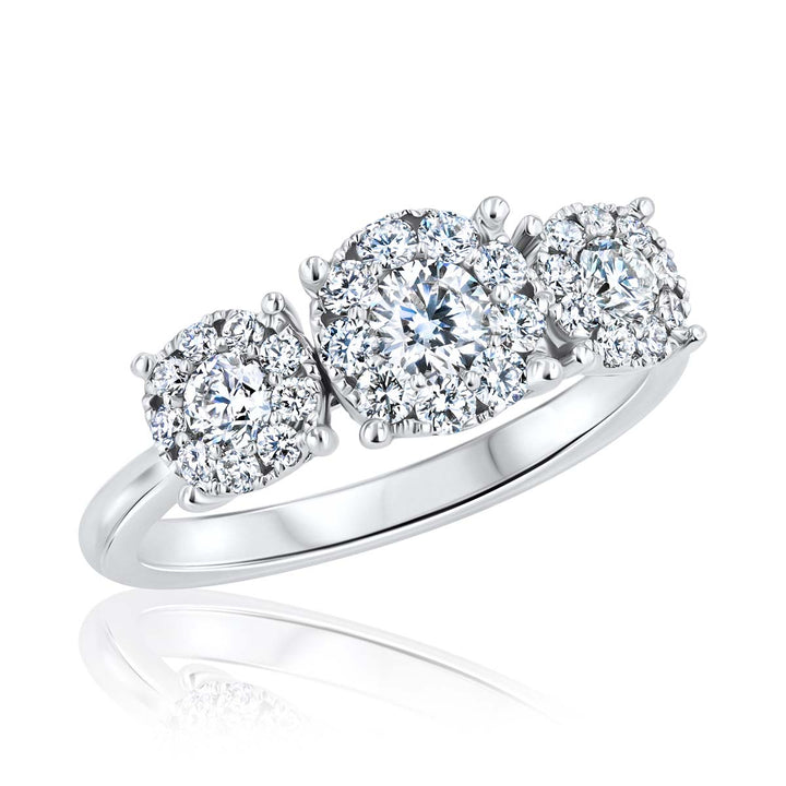 Three-Stone Cluster 0.90 Carat Diamond 18K White Gold Ring