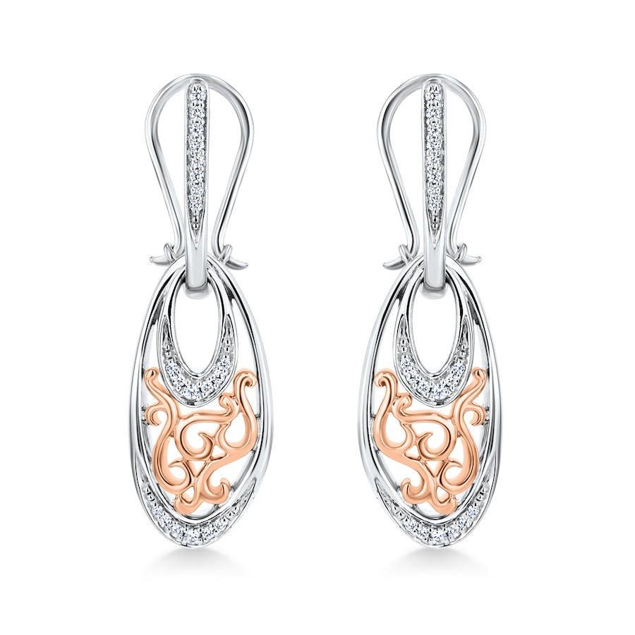 Vintage Inspired Scroll Diamond 18K Two Tone Drop Earrings