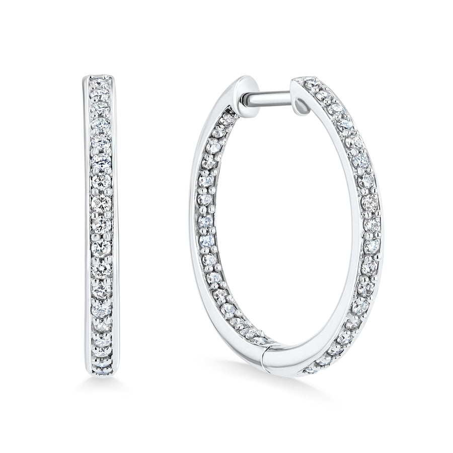 Inside-Out Bead Set Diamond 10K White Gold Hinged Hoop Earrings