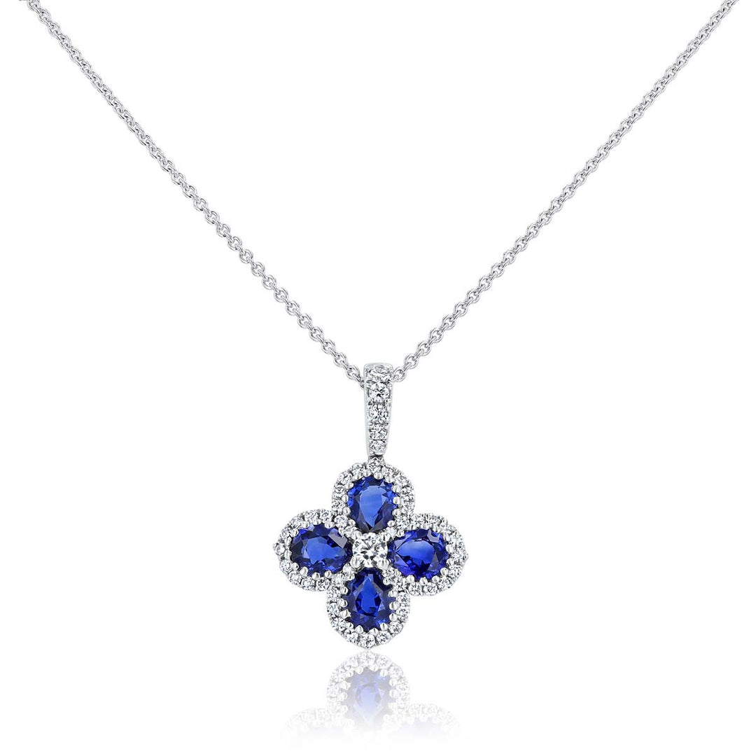 "Clover" Four-Leaf Pear Sapphire & Diamond 18K White Gold Pendant