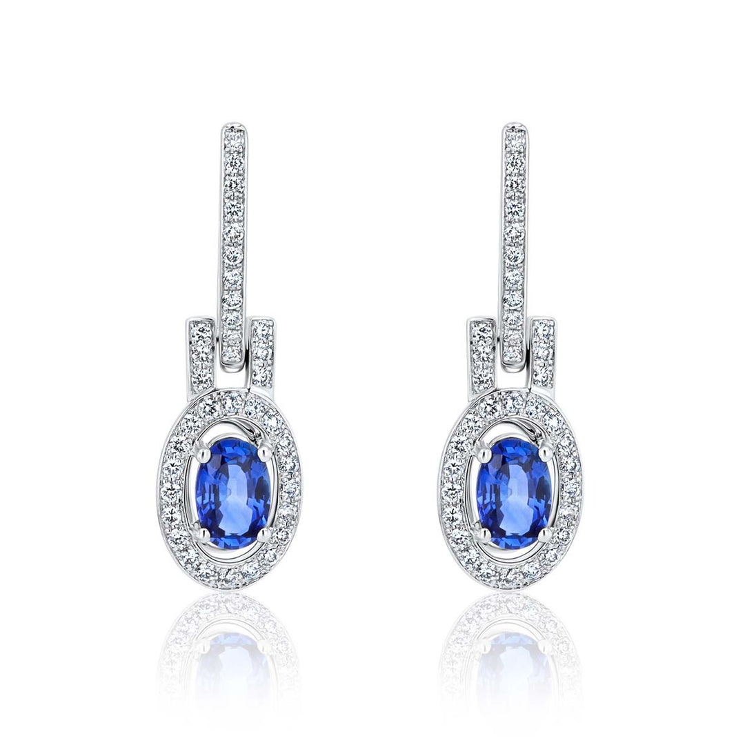 Oval Sapphire & Diamond Halo 18K White Gold Drop Earrings