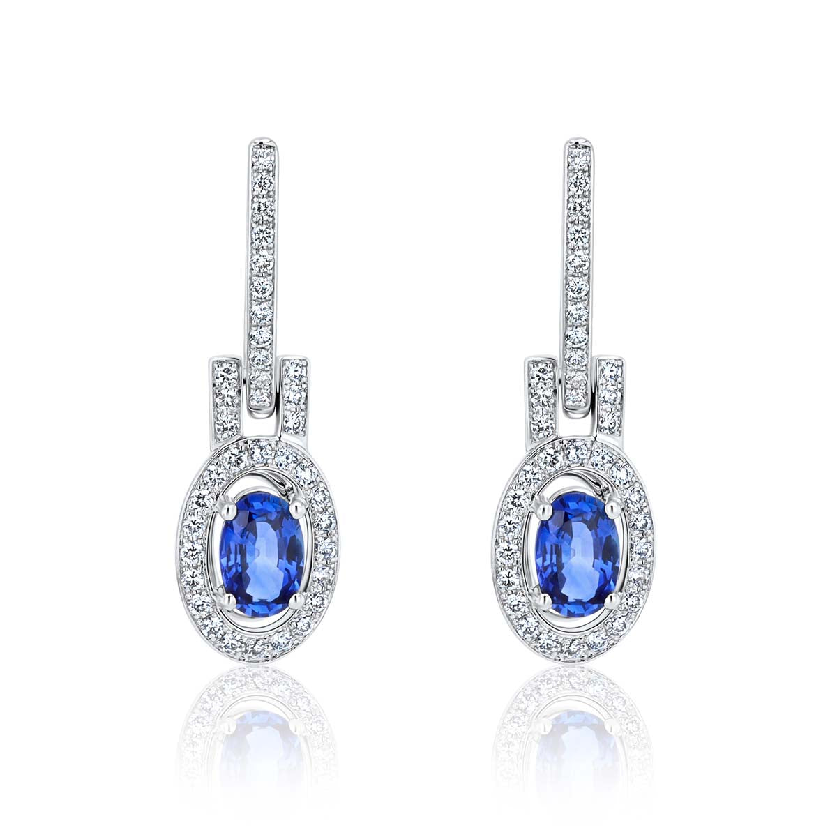 Oval Sapphire & Diamond Halo 18K White Gold Drop Earrings