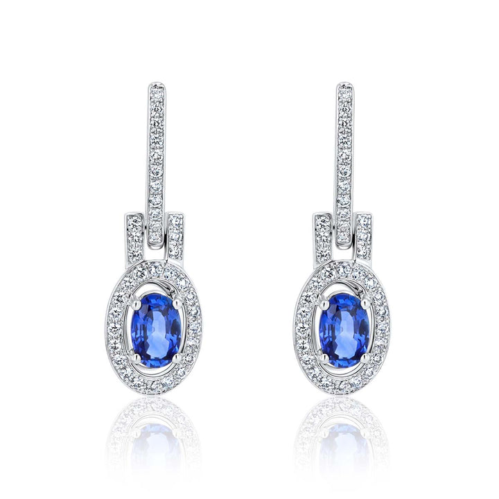 Oval Sapphire & Diamond Halo 18K White Gold Drop Earrings