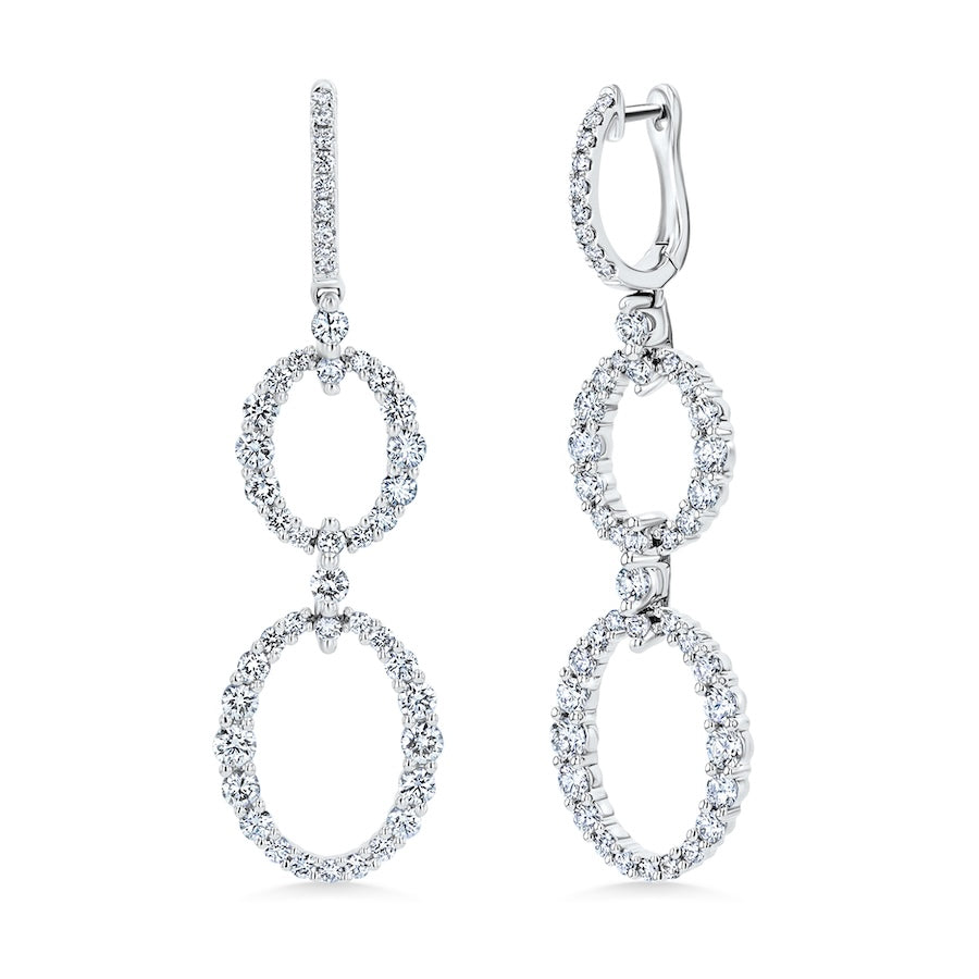 Double Open Oval Diamond 18K White Gold Drop Hoop Earrings