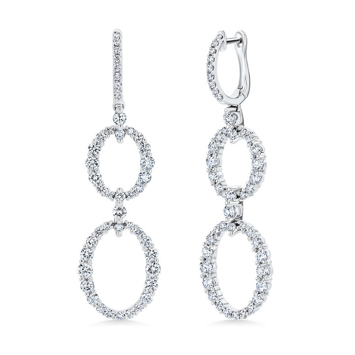Double Open Oval Diamond 18K White Gold Drop Hoop Earrings