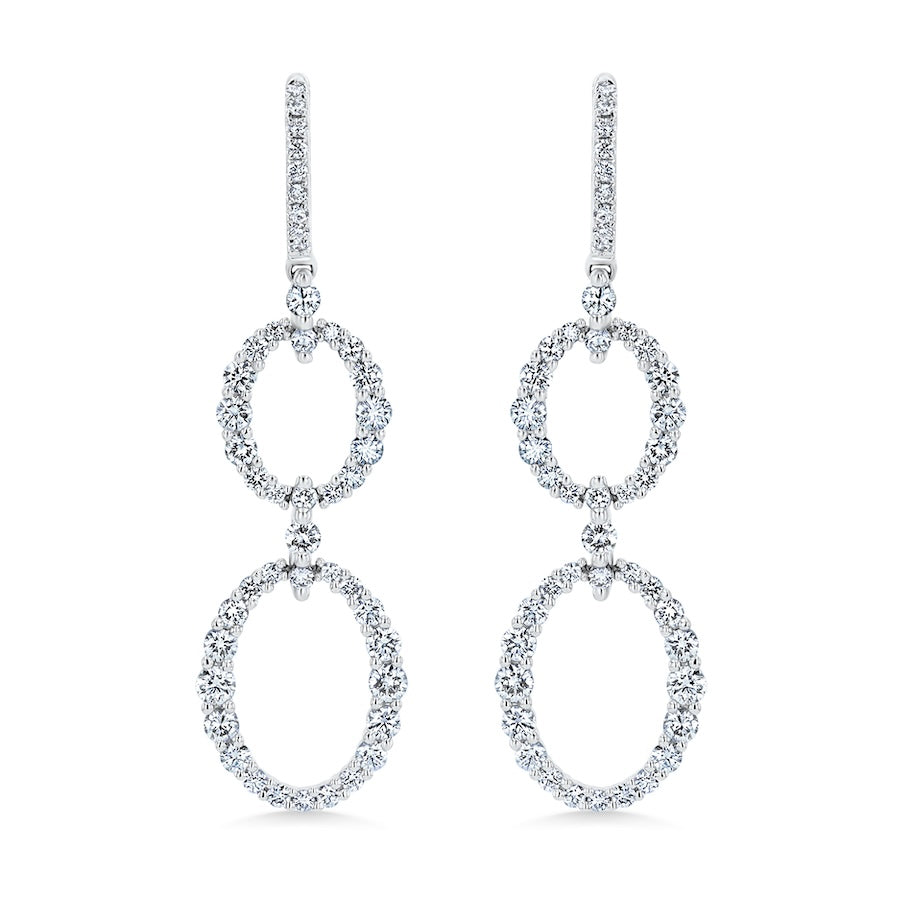 Double Open Oval Diamond 18K White Gold Drop Hoop Earrings