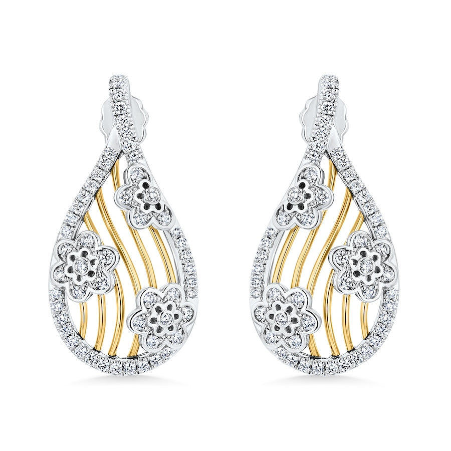 "Falling Flower" Two-Tone Diamond 18K Gold Drop Earrings