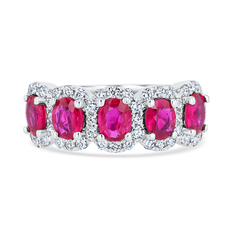 Five-Stone Oval Ruby & Diamond Halo 18K White Gold Ring