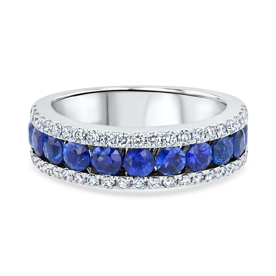 Triple-Row Sapphire & Diamond 18K White Gold Band
