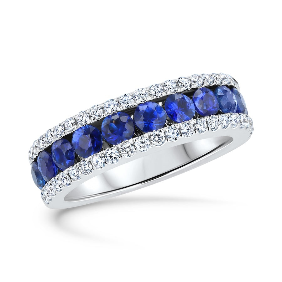 Triple-Row Sapphire & Diamond 18K White Gold Band