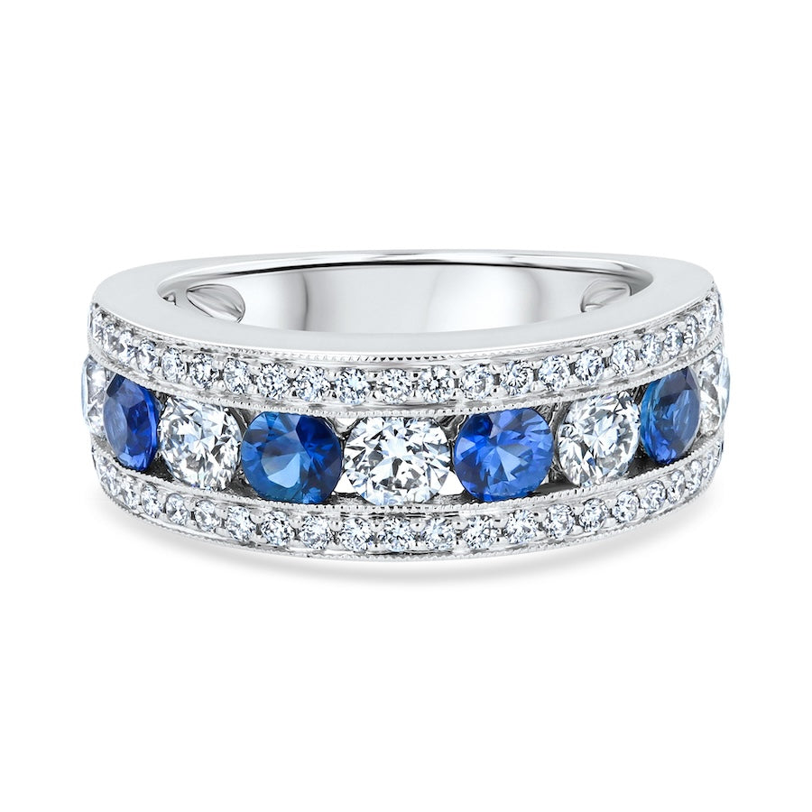 Three-Row Alternating Sapphire & Diamond 18K White Gold Band
