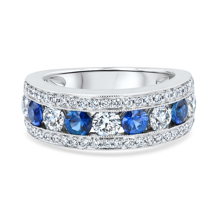 Three-Row Alternating Sapphire & Diamond 18K White Gold Band
