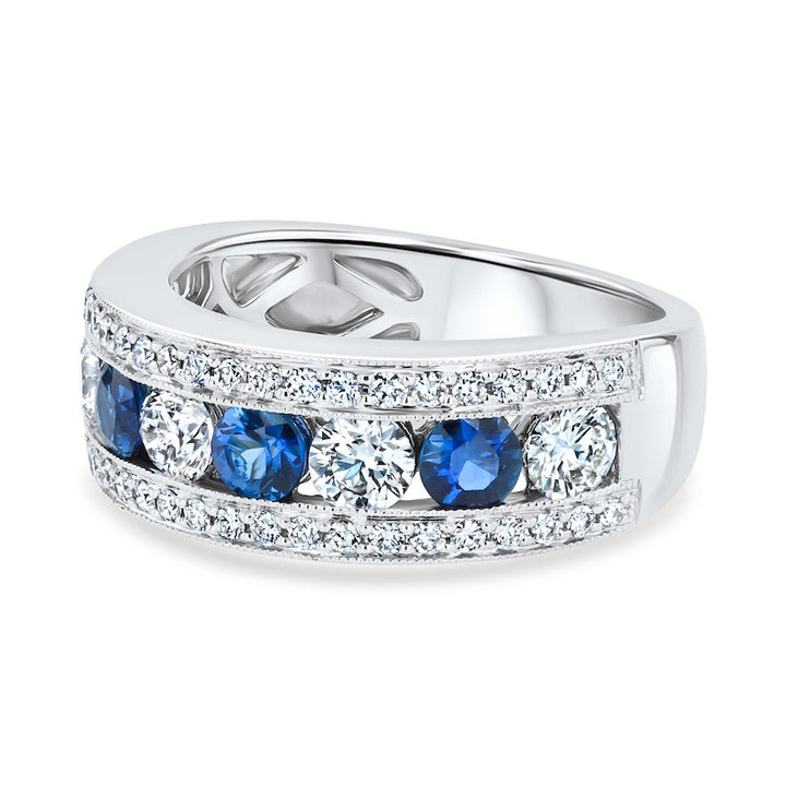 Three-Row Alternating Sapphire & Diamond 18K White Gold Band