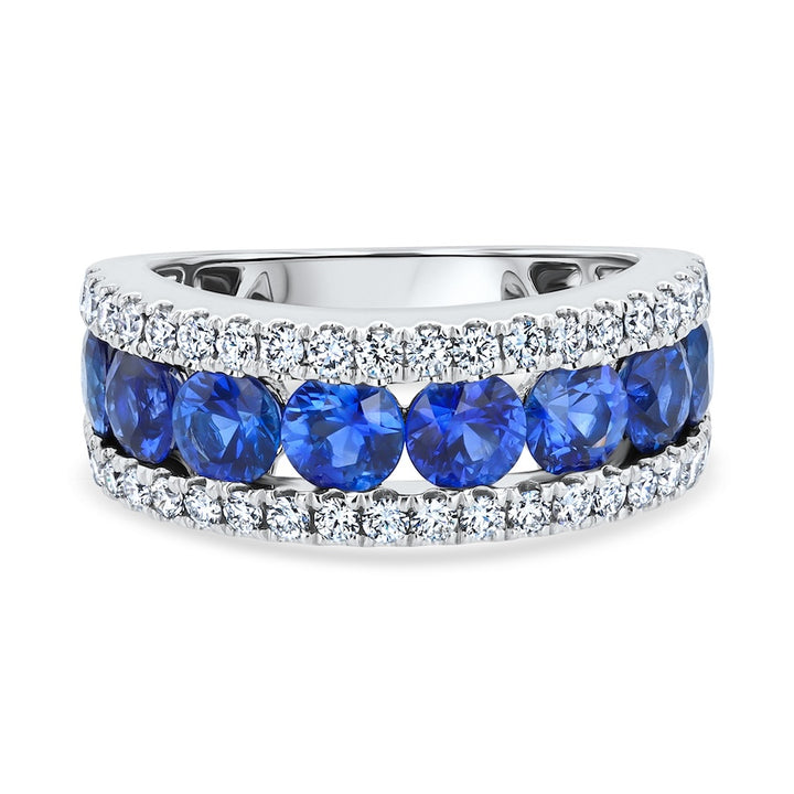 Three-Row Sapphire & Diamond 18K White Gold Band