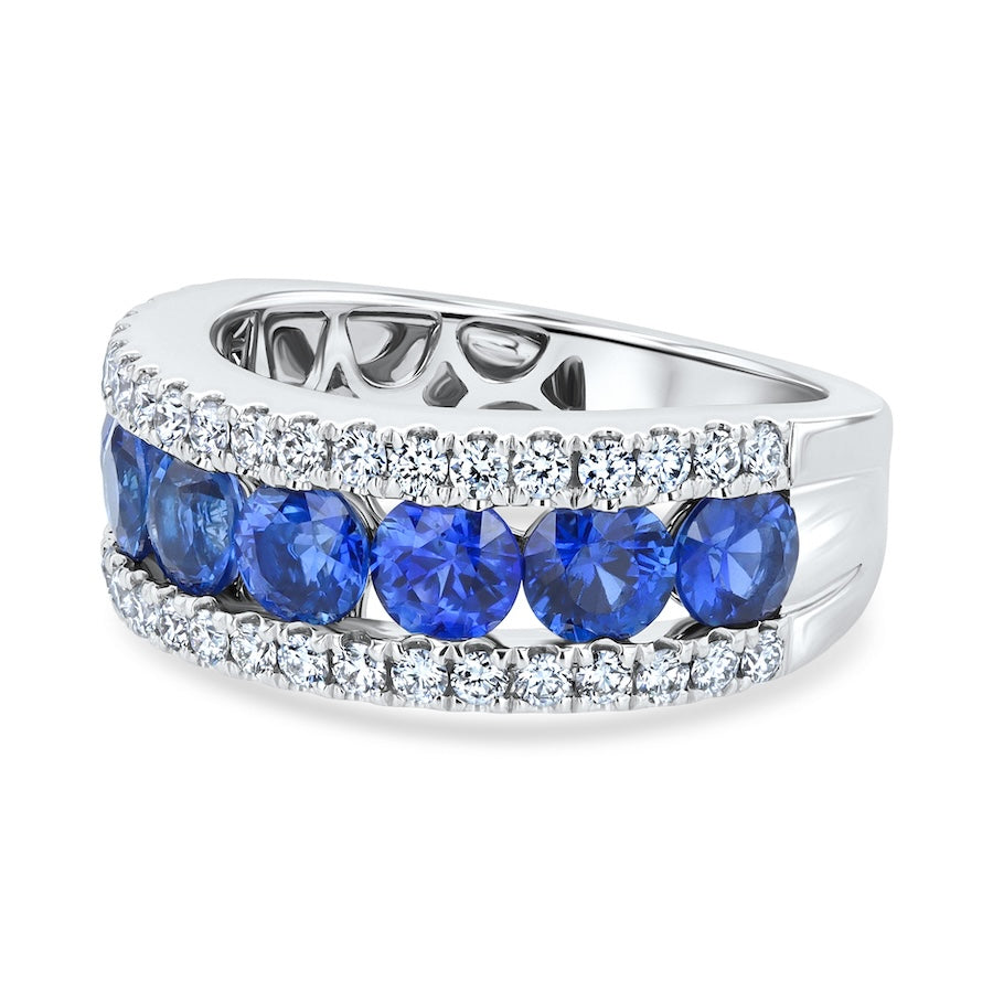 Three-Row Sapphire & Diamond 18K White Gold Band