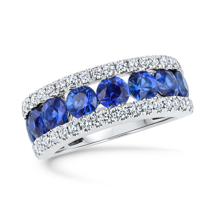 Three-Row Sapphire & Diamond 18K White Gold Band