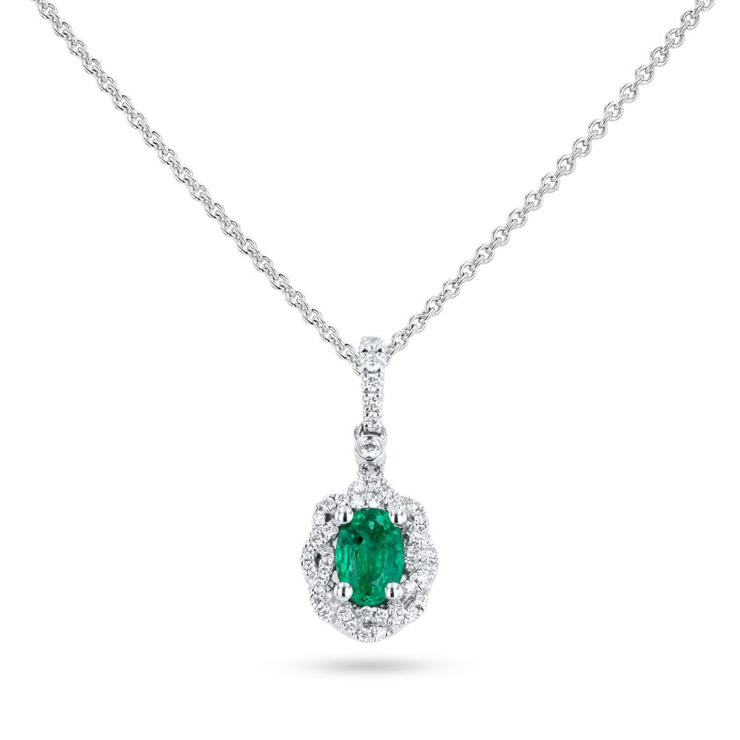 Woven Oval Emerald & Diamond Halo Drop 18K White Gold Pendant
