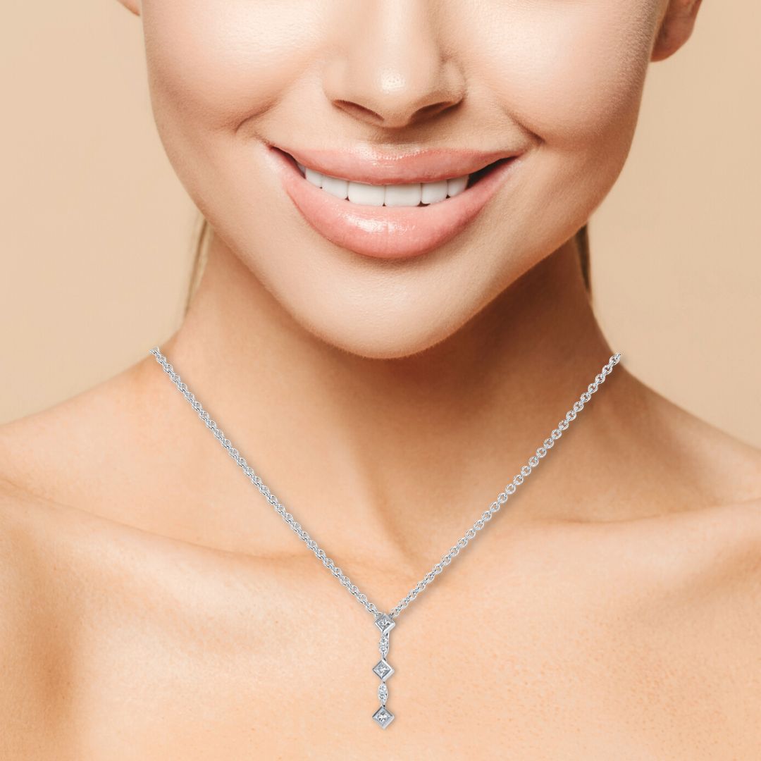 Geometrical Square-to-Marquise Diamond 18K White Gold Dangle Pendant