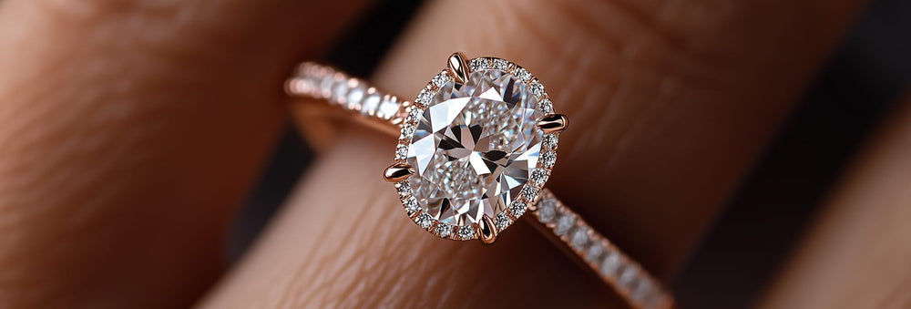 An oval diamond engagement ring on a pavé band, worn on the hand