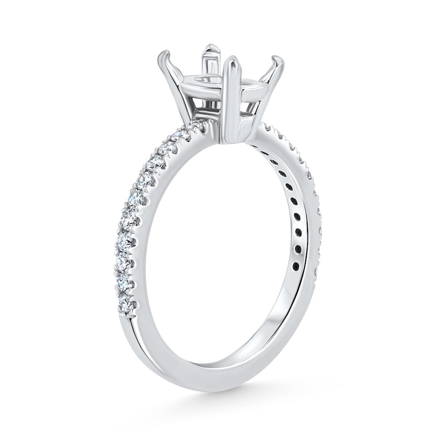 Straight Line Diamond Oval Center 14K White Gold Engagement Setting