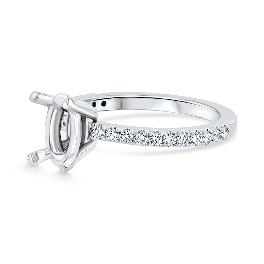 Straight Line Diamond Oval Center 14K White Gold Engagement Setting