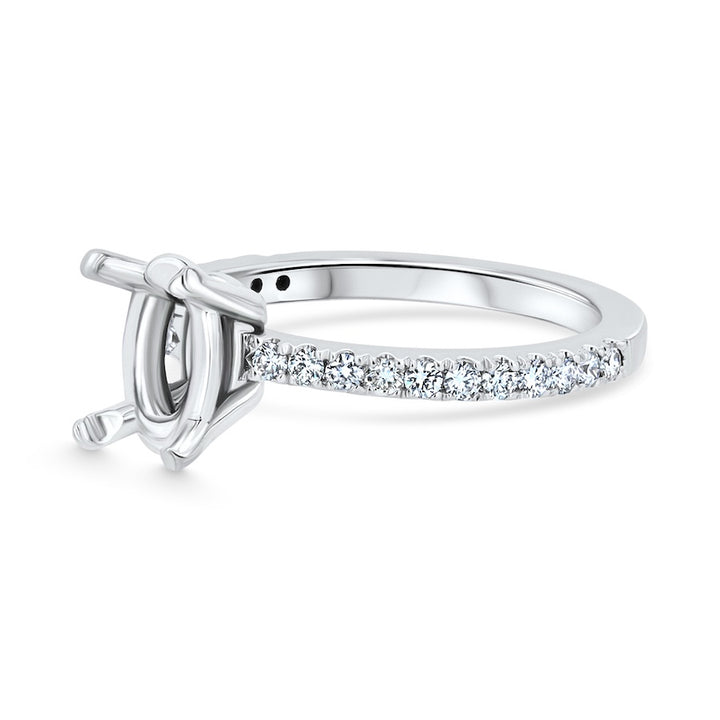 Straight Line Diamond Oval Center 14K White Gold Engagement Setting