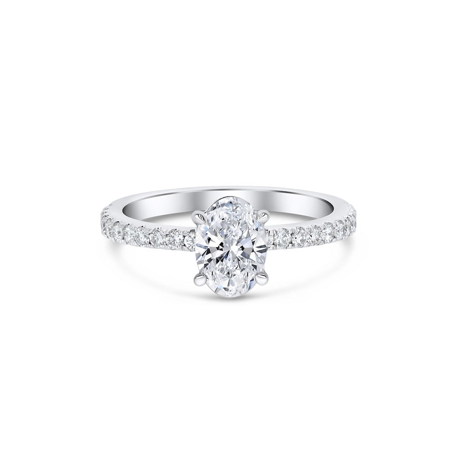 Straight Line Diamond Oval Center 14K White Gold Engagement Setting