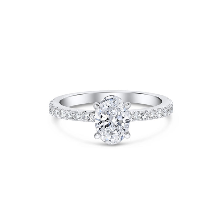 Straight Line Diamond Oval Center 14K White Gold Engagement Setting