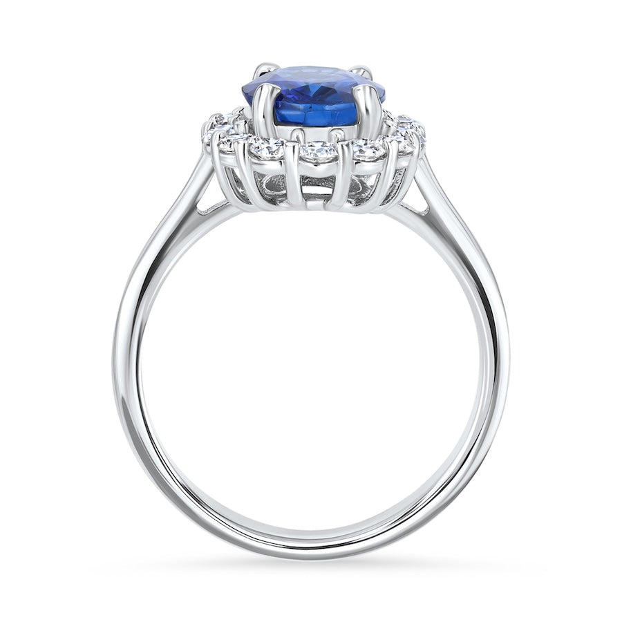Lotus Oval Sapphire & Diamond Halo 14K White Gold Ring