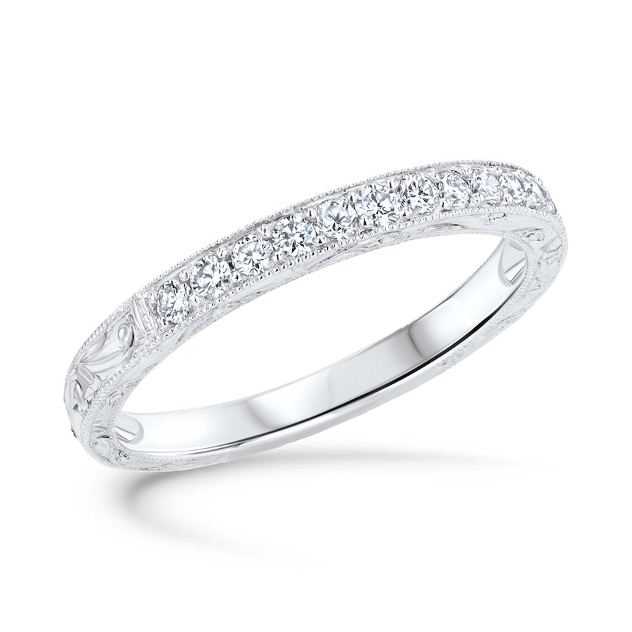 Platinum Engraved Prong Set Diamond Wedding Band