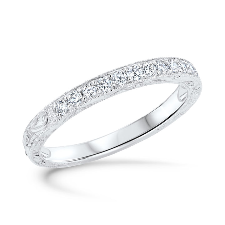 Platinum Engraved Prong Set Diamond Wedding Band