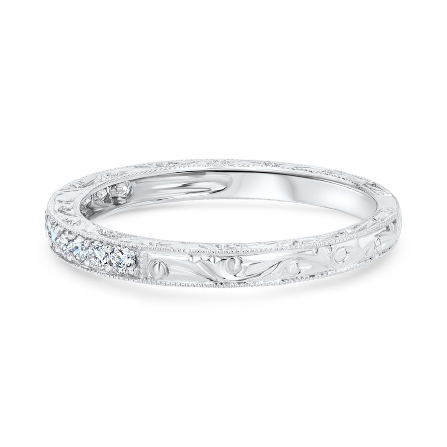 Platinum Engraved Prong Set Diamond Wedding Band