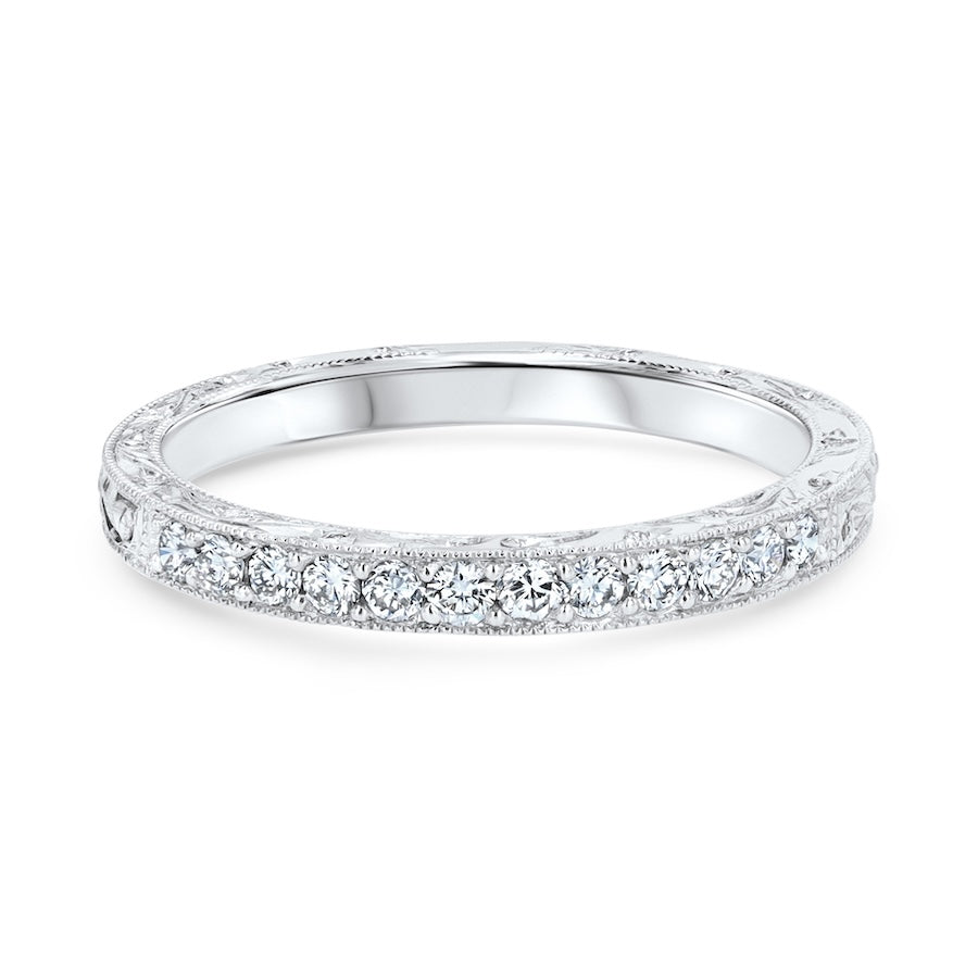 Platinum Engraved Prong Set Diamond Wedding Band
