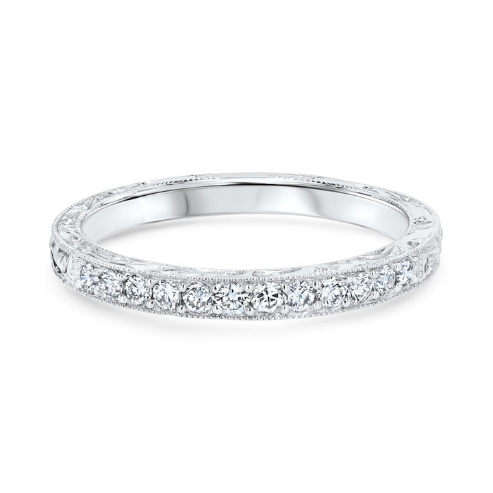 Platinum Engraved Prong Set Diamond Wedding Band
