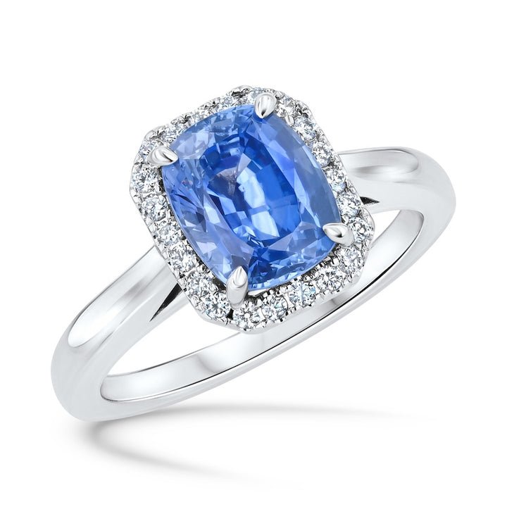 2.16 Carat Cushion Sapphire & 0.15 Carat Diamond Octagonal Halo Platinum Ring