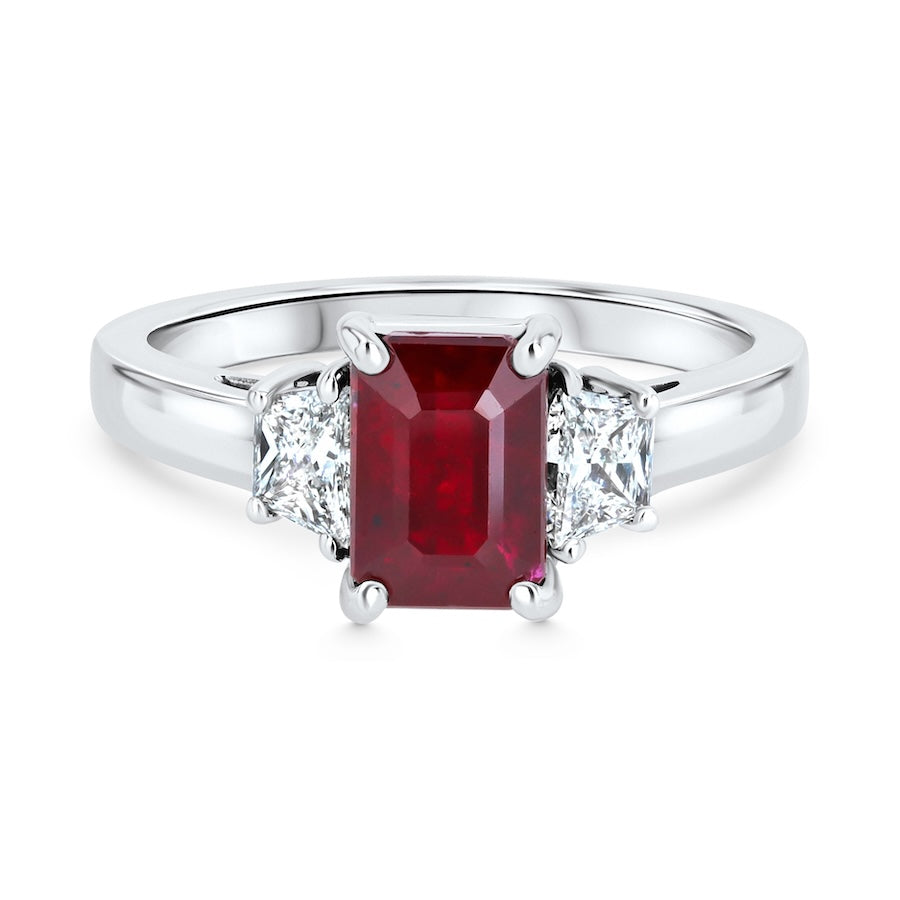 2.02 Carat Emerald-Cut Ruby & 0.30 Carat Trapezoid Diamond Three-Stone 14K White Gold Ring