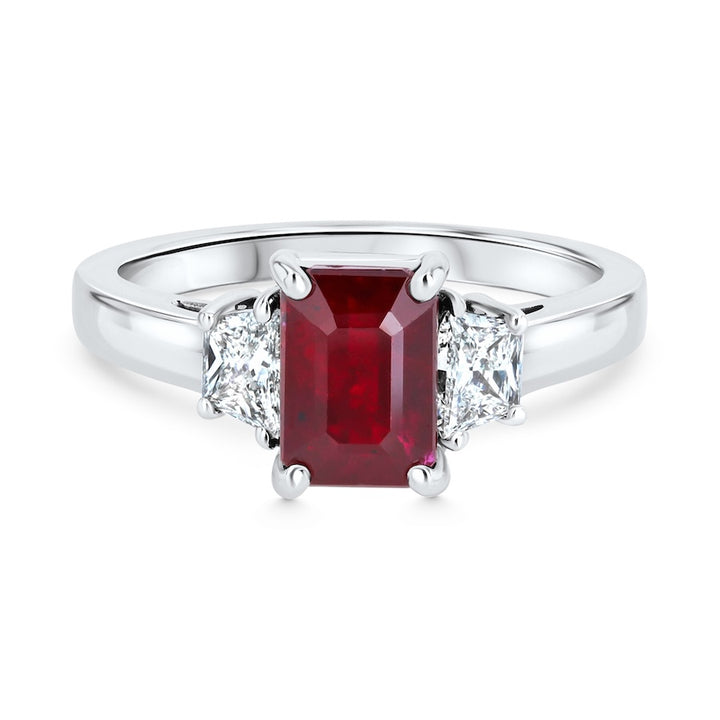 2.02 Carat Emerald-Cut Ruby & 0.30 Carat Trapezoid Diamond Three-Stone 14K White Gold Ring