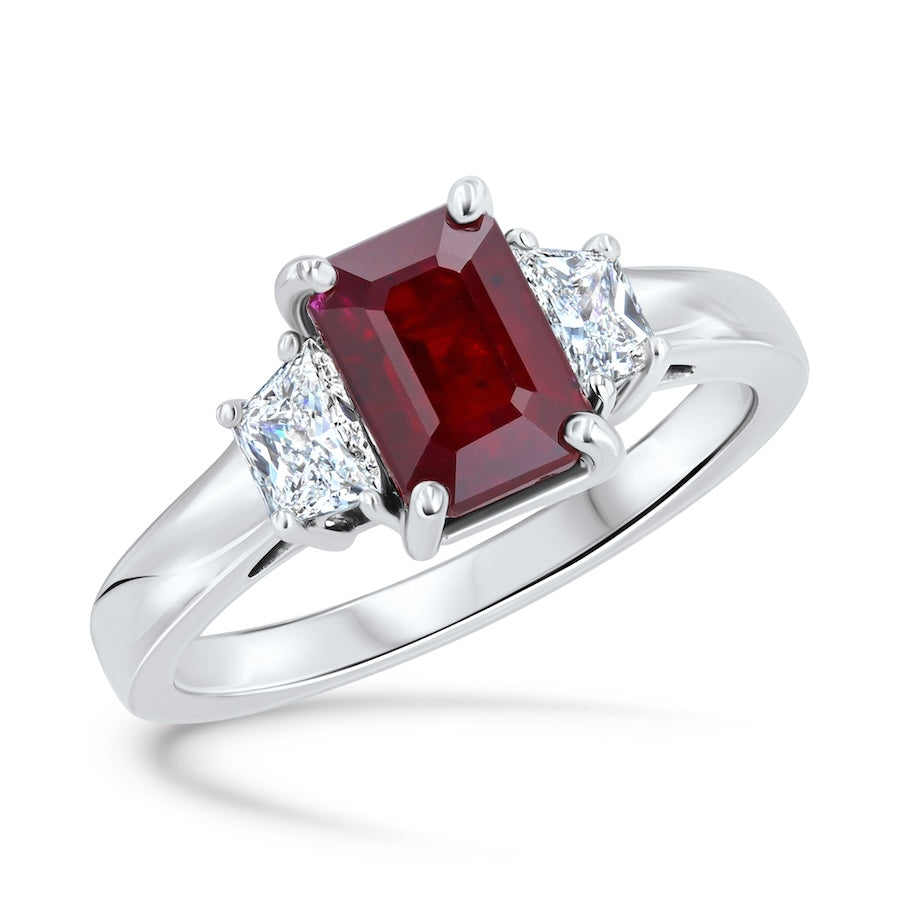 2.02 Carat Emerald-Cut Ruby & 0.30 Carat Trapezoid Diamond Three-Stone 14K White Gold Ring