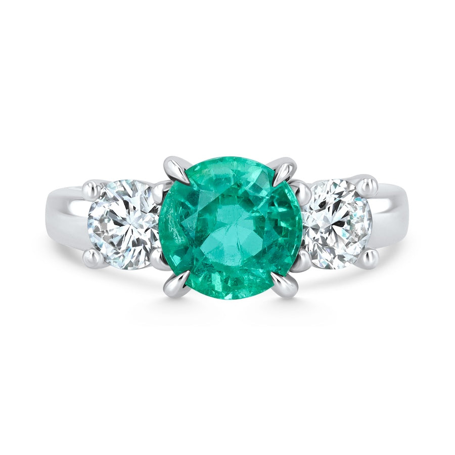 Three-Stone Round Emerald & Diamond Platinum Ring