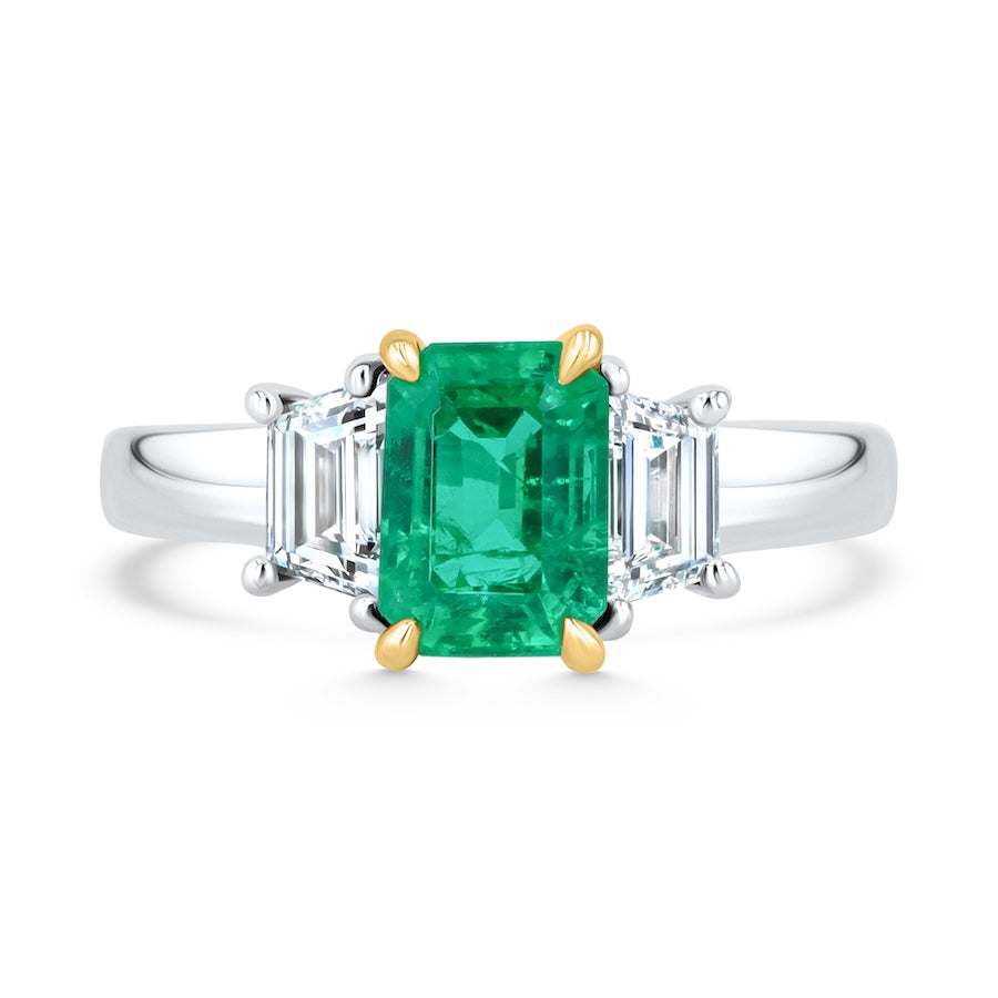 Three-Stone Emerald-Cut Emerald & Trapezoid Diamond