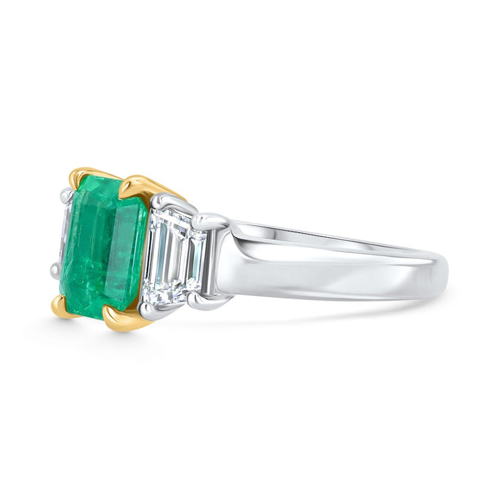 Three-Stone Emerald-Cut Emerald & Trapezoid Diamond