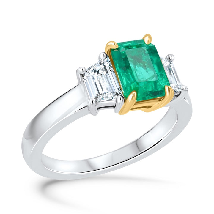 Three-Stone Emerald-Cut Emerald & Trapezoid Diamond