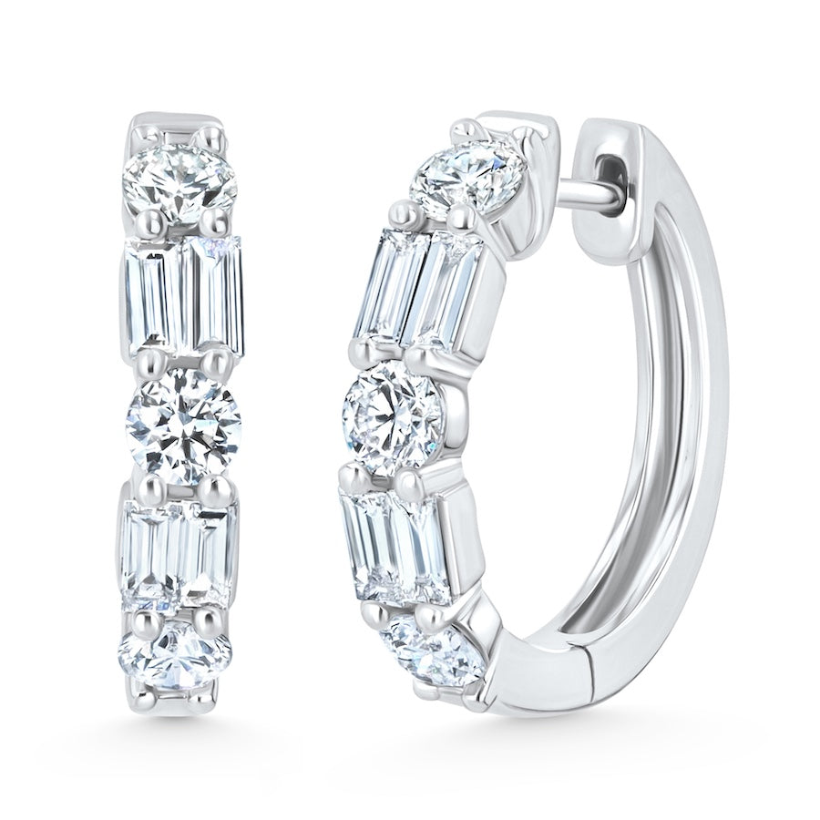 Alternating Baguette & Round Diamond 18K White Gold Hoop Earrings