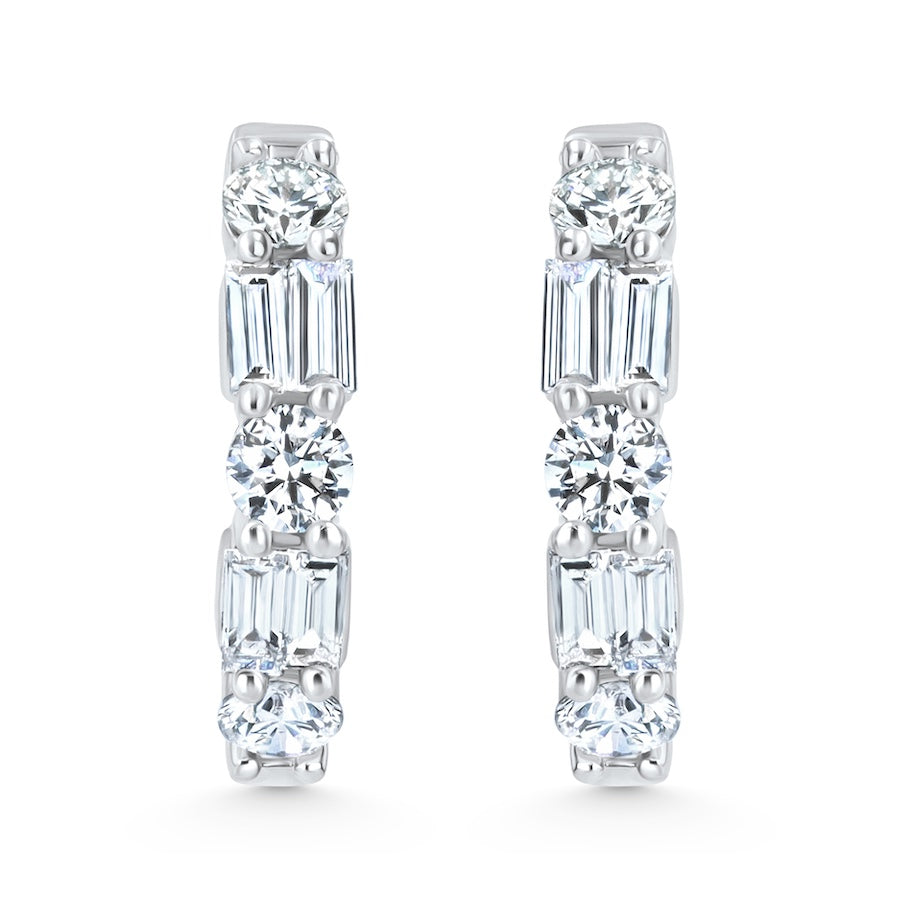 Alternating Baguette & Round Diamond 18K White Gold Hoop Earrings